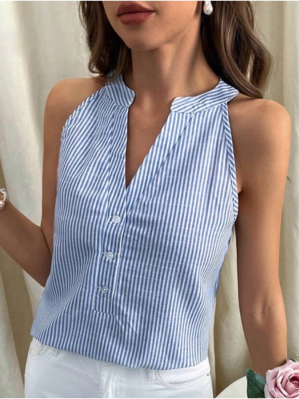 chambray sleeveless striped non iron linen top t shirt blouse S 4 v-neck cotton